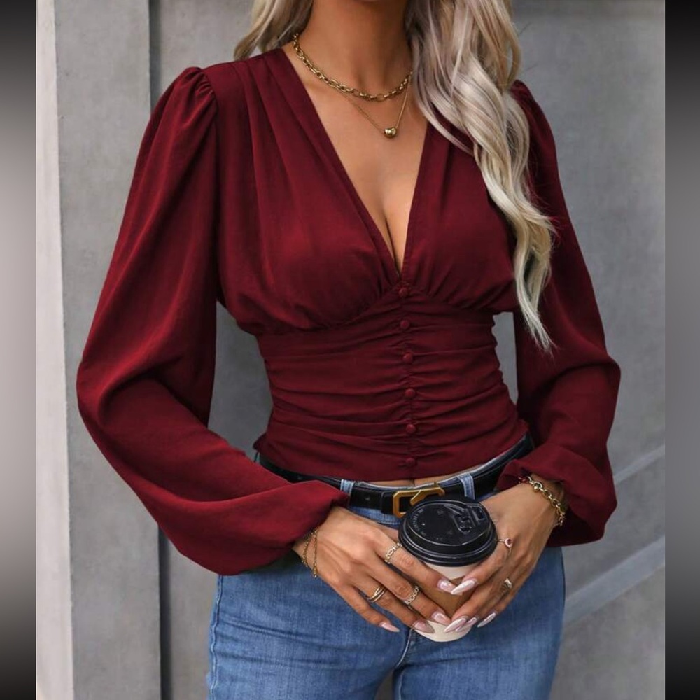 Boho Ruched Smocked Deep V Neck Long Cuff Sleeve Crop Top Blouse Shirt Burgundy - Picture 3 of 9
